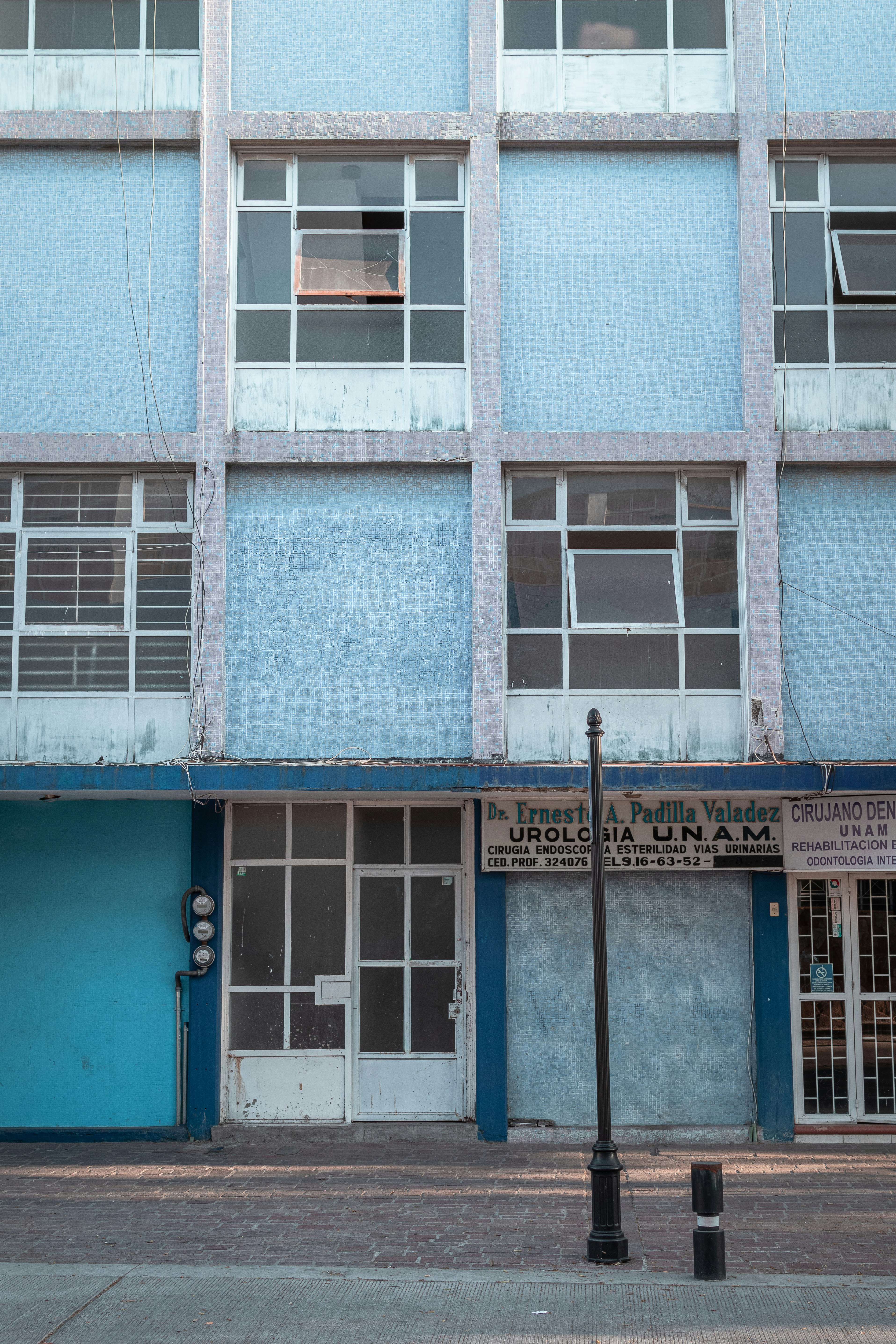 blue and white concrete building